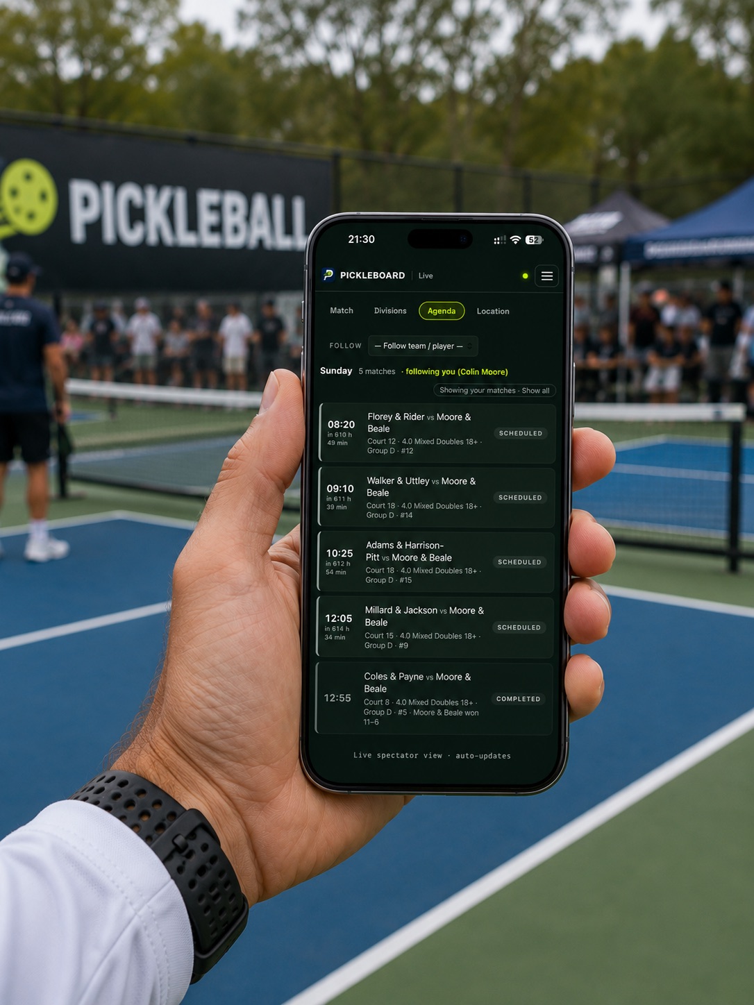 Phone showing the live-score / your-next-court view and a bracket